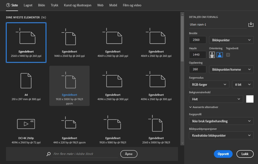 Nybegynner guide i Adobe Photoshop - Opprett nytt dokument
