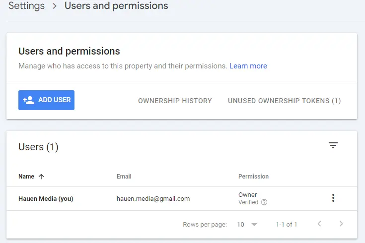 Google Search Console - Users and Permission
